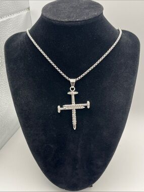 24”, Stainless Steel Crystal Nail Cross Pendant Necklace - Unbranded